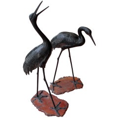 Antique Sculptural Pair of Japanese Bronze Cranes