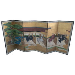 Antique Six-Panel Painted Oriental Screen