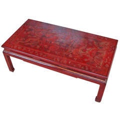 Antique Beautiful Red Lacquer Chinoiserie Coffee Table