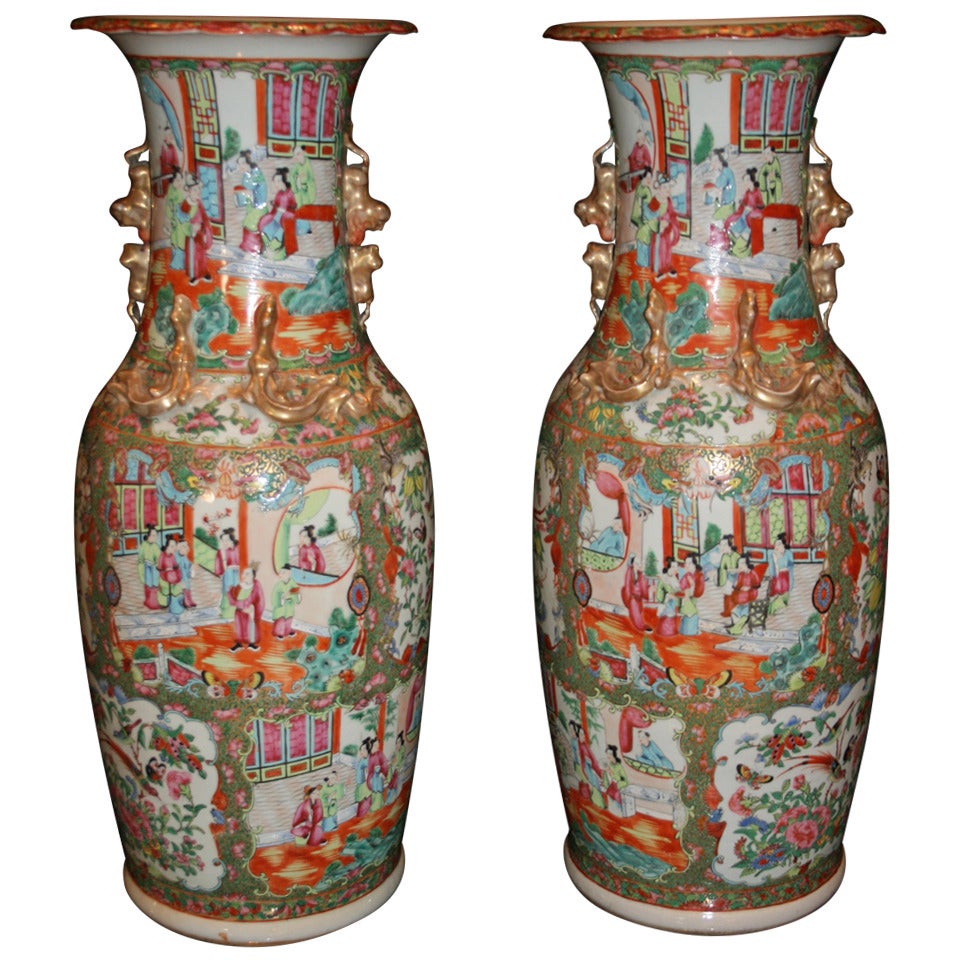 Colorful Large Pair of Famille Rose Baluster Vases
