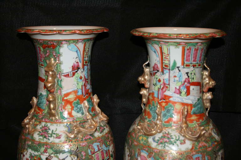 Chinese Colorful Large Pair of Famille Rose Baluster Vases For Sale
