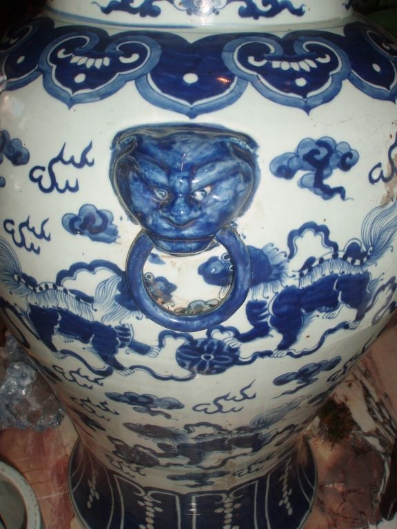 Pair of Blue & White Chinese Covered Jars
