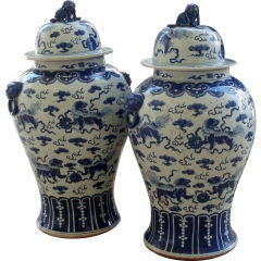 Pair of Blue & White Chinese Covered Jars