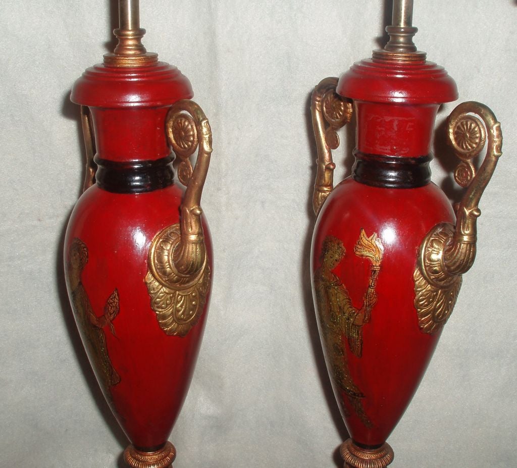 Pair of Urn Tole Lamps In Good Condition In Palm Beach, FL