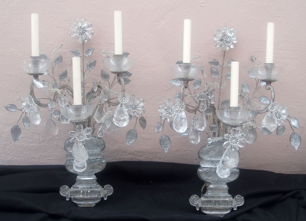 Beautiful Pair of Triple-Arm Bagues Rock Crystal Wall Sconces, Multiple Loose and Metal-Set Floral & Branch Motif with Strings of Crystal Beading for Accents, both Mounted on Silver Gilt Bronze Frames, with Etched and Detailed Mounted Crystal Base