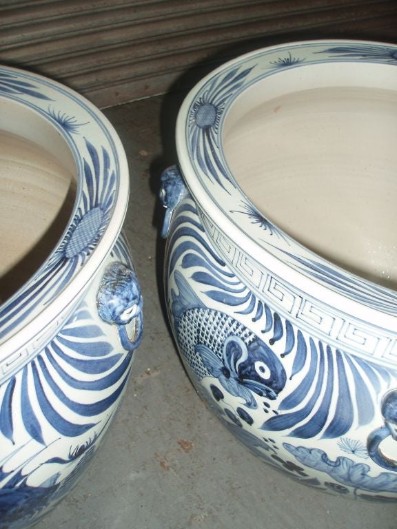 Pair of Blue & White Chinese Fishbowls 1