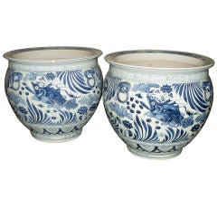 Vintage Pair of Blue & White Chinese Fishbowls