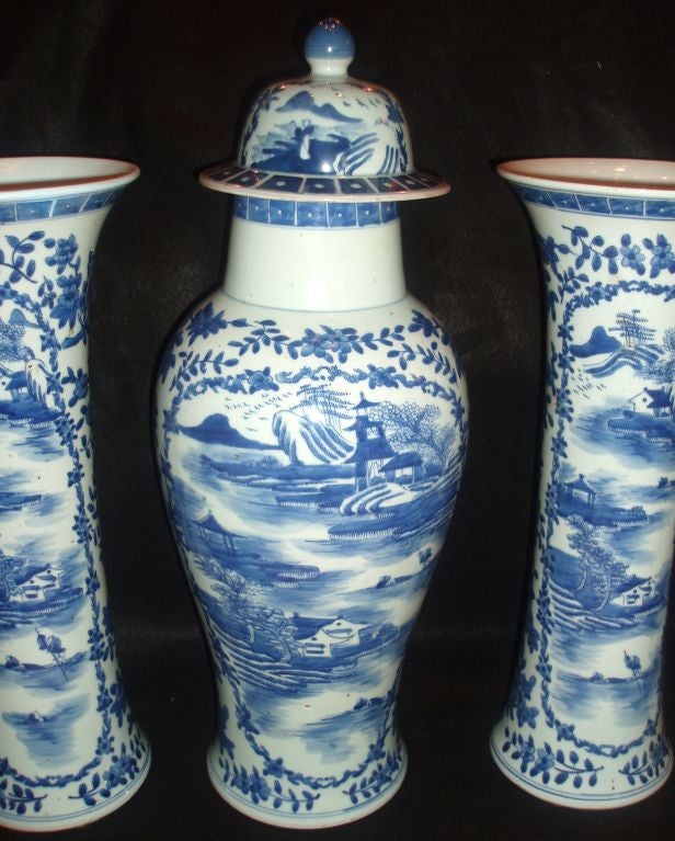19th Century Garniture of Blue and White Chinese Porcelain