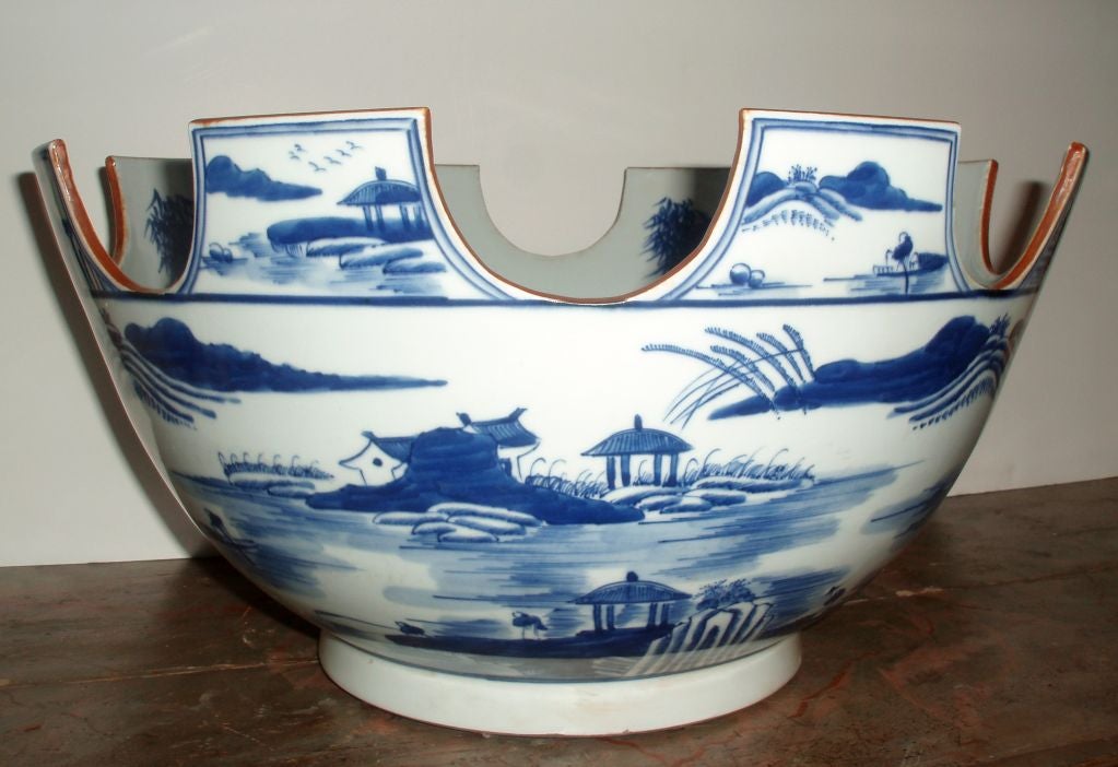 Lovely Blue and White Large Chinese Export Monteith, with Interior and Exterior Traditional Chinese Landscape Designs, Cut Out Rim with Pale Brown Painted Trim, on Round Footed Base