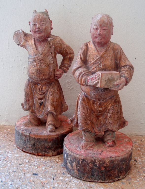 Pair of Carved Wood Chinese Figures