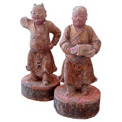 Antique Pair of Carved Wood Chinese Figures