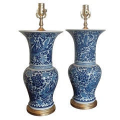 Pair of Blue & White Chinese Trumpet Lamps