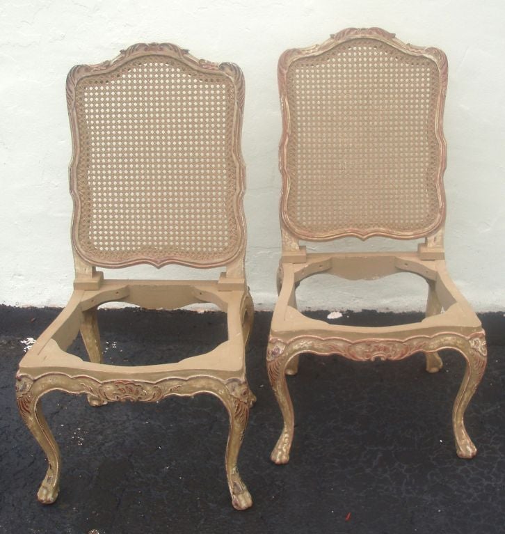 Pair 18th century Italian style painted side chair, cane back with carved legs and details, custom antique patina finish; William R. Eubanks Interior Design Inc. exclusive design, available as frame only or custom upholstered for additional costs.