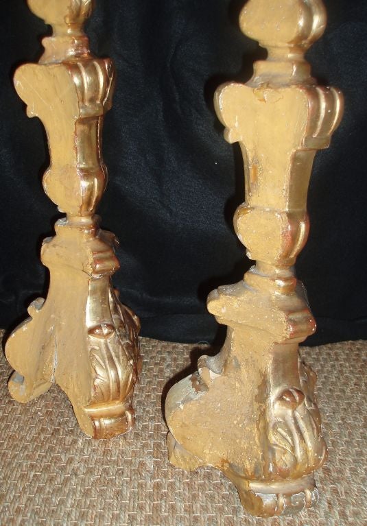 Baroque Pair of Giltwood Italian Altar Sticks For Sale