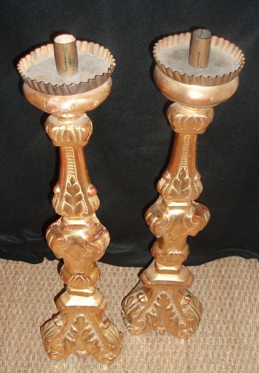 18th Century and Earlier Pair of Giltwood Italian Altar Sticks For Sale