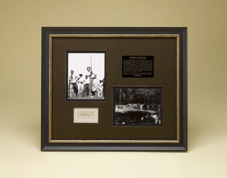This piece commemorates the greatest accomplishment in the history of golf – Bobby Jones 1930 Grand Slam.  This vintage (circa 1930) autograph is featured with the famous photograph of Gene Homans conceding to Jones on the 11th green of Merion Golf