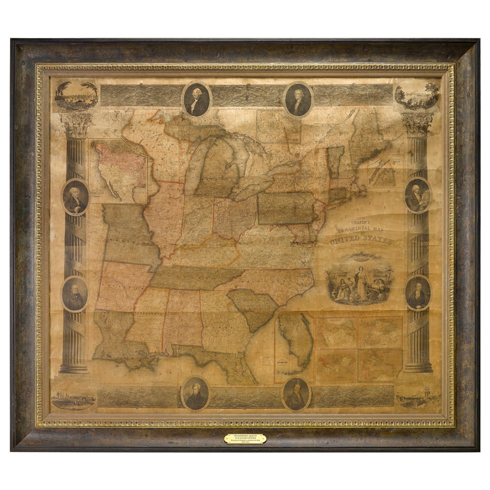 1839 Antique Ornamental Map of the United States, by William Chapin