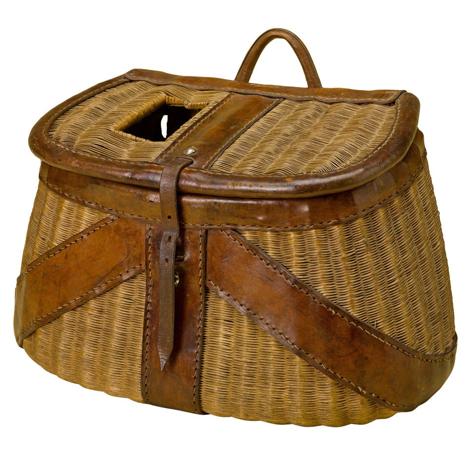 French Fly-Fishing WIcker and Leather Creel, Early 20th Century