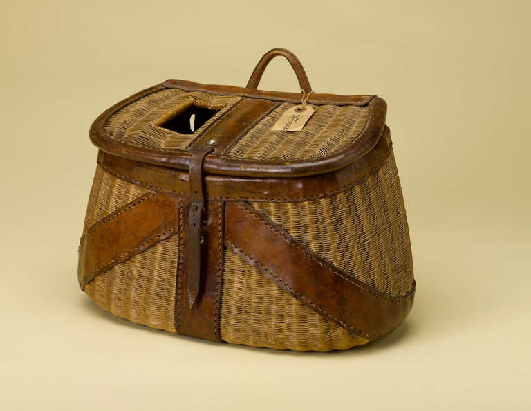 French Fly-Fishing WIcker and Leather Creel, Early 20th Century at