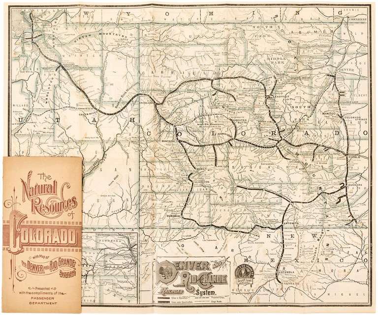 Fine early map of Colorado rail system, promoting the lines of the Denver & Rio Grande Western, as it expanded throughout Colorado and the Rocky Mountains.  Identifies Standard Gauge, Narrow Gauge, Three Rails and Connecting Lines.

Presented with