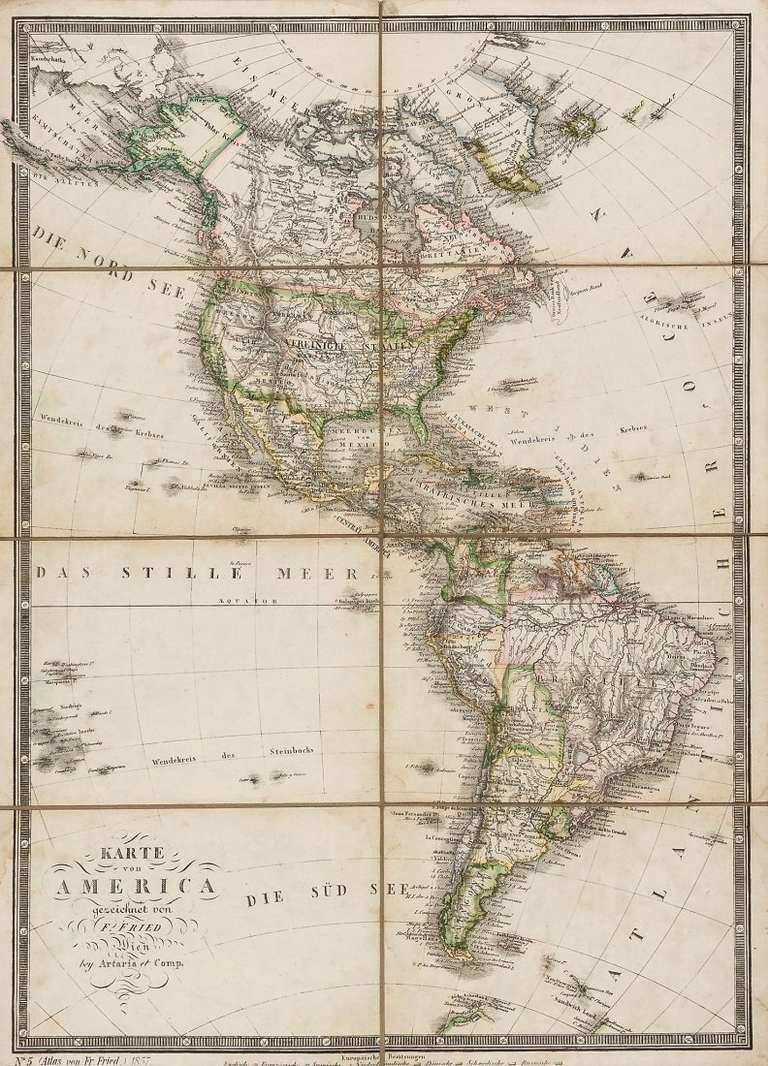 This Franz Fried map depicts North and South America and is entitled, Karte von America. The lithographic map features original hand-coloring and is presented using the finest archival framing and procedures.

Unframed size: 20.5