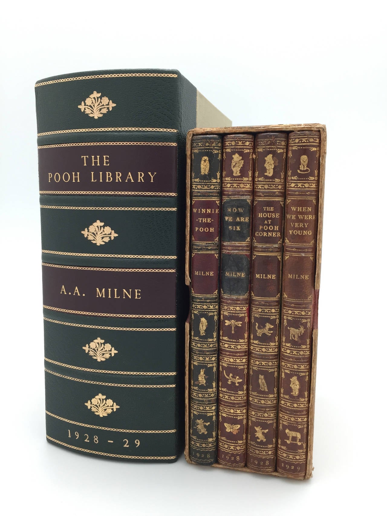 This is a complete set of A. A. Milne's Classic children's books based on the adventures of Christopher Robin and Winnie the Pooh. These four volumes are illustrated throughout by Ernest H. Shepard and are bound in beautiful period three-quarter