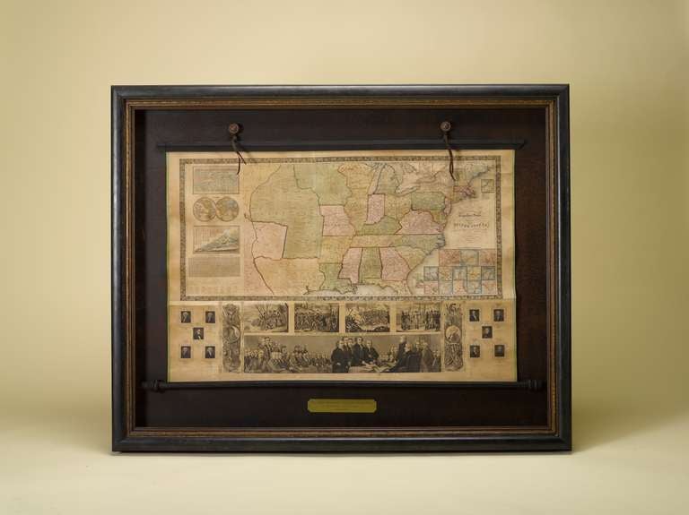 This is Phelps and Ensign's 1844 travellers guide map of the United States, containing the roads, distances, steam boat and canal routes. Published in New York by T. & E. H. Ensign, 1844. This wall map is hand-colored and mounted on linen, with