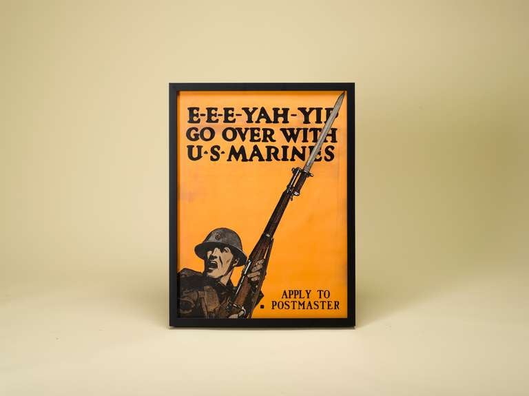 This is a striking 1917-1918 WWI U.S. Marine's recruitment poster by the famed poster artist Charles Buckles Falls. The poster depicts a marine leading a charge, cheering as he raises his fixed bayonet rifle over his head. The poster is a bold