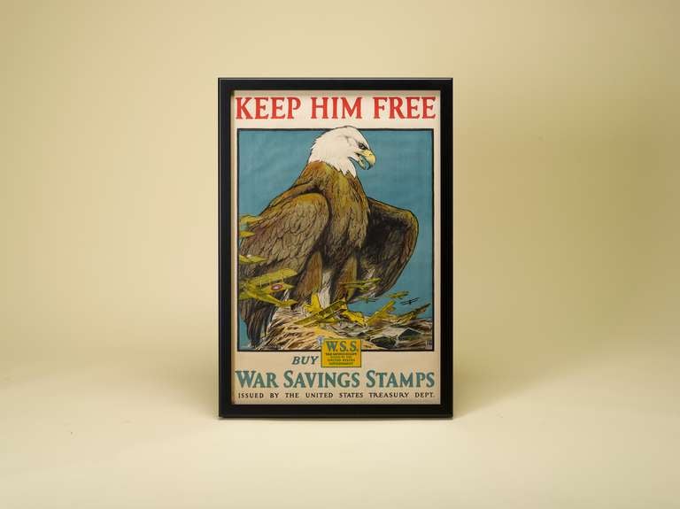 This is a colorful, 1918 lithographic World War I patriotic poster that depicts an American eagle and numerous bi-planes.  This is a very desirable poster with vibrant colors.  The piece was illustrated by Charles Livingston Bull and was issued by