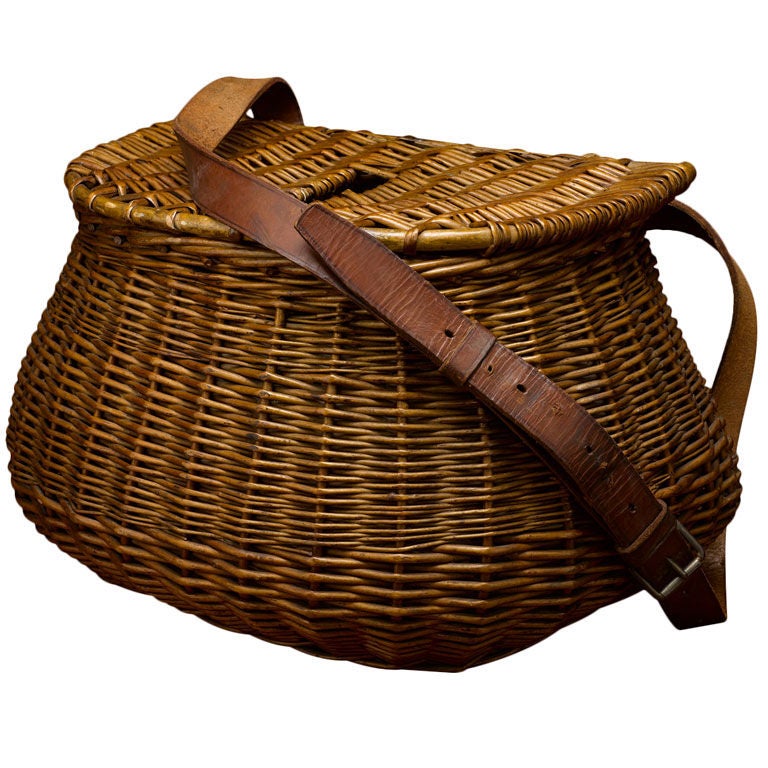 Vintage Wicker and Leather Fishing Creel, circa Early 20th Century