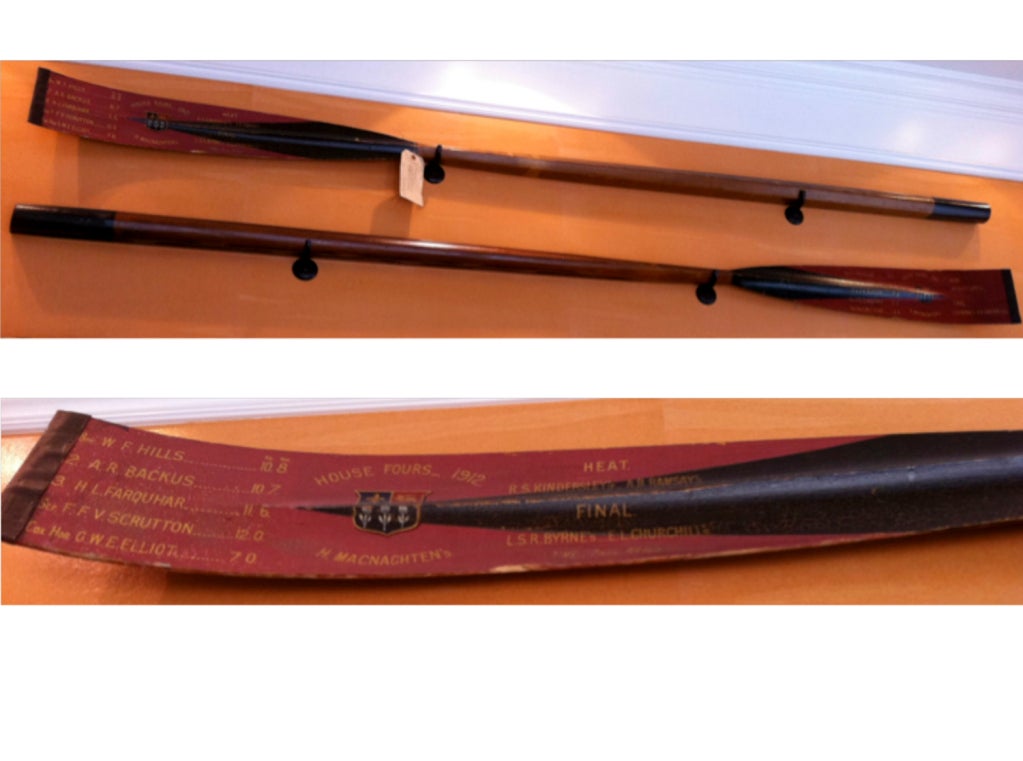 These English presentation-rowing oars are offered as a matched set and are dated 1911 on one oar and 1912 on the other oar. They were presented to the winners of 4-man competitions and list the members of the winning teams and the clubs they