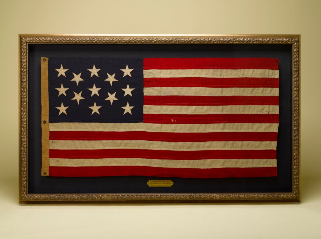 This is a 13-star U.S. flag known as a “Private Boat Ensign” or Naval Boat Flag, used first by the United States Navy, the practice of flying 13-star flags on the aft section of private yachts became quite popular in the late 19th century, and