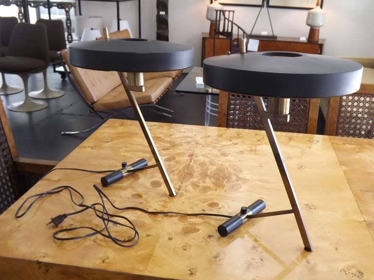 Great pair of Louis Kalff for Phillips Desk Lamps. Brass and powder coated metal. All original. Priced each.