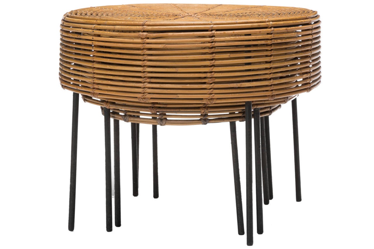 John Risley Set of Rattan and Iron Nesting Tables, 1953 In Excellent Condition In Pawtucket, RI