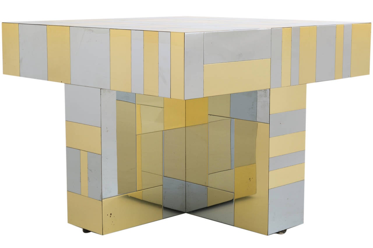 Large Paul Evans Cityscape patchwork table in chrome-plated steel and brass on a cruciform base. Table with some minor scratches, dings and imperfections typical with cityscape material.