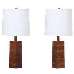 Vintage Pair Of Martz Solid Stacked Walnut Table Lamps for Marshall Studios