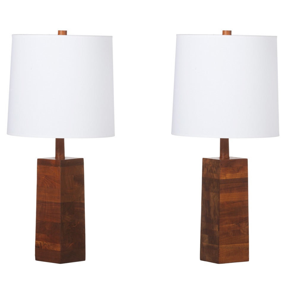 Pair Of Martz Solid Stacked Walnut Table Lamps for Marshall Studios