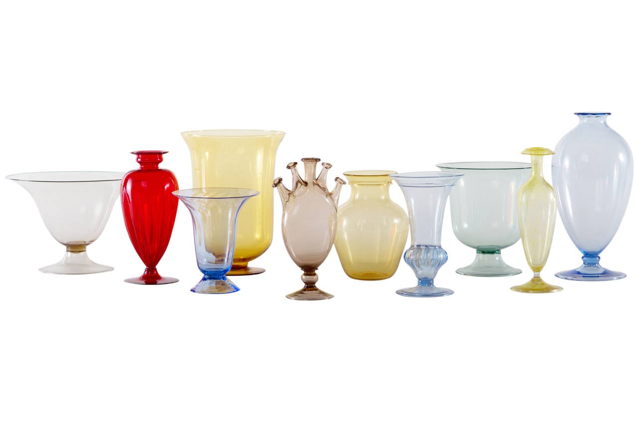 Beautiful collection of early 20th century Italian glass vases in different forms and colors.