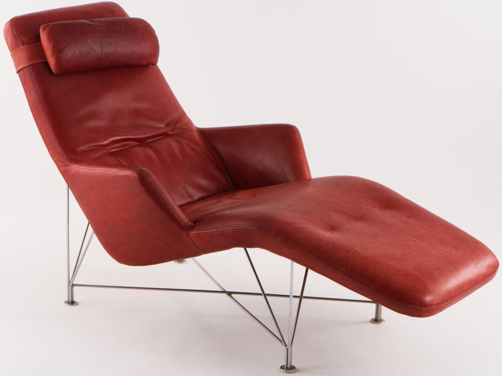 Chaise lounge by Kenneth Bergenblad for Dux of Sweden. Interesting architectural base and with original leather seat. With labels.