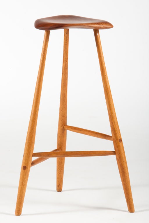 Tall carved Cherry and Hickory stool handmade from Wharton Esherick. Signed and dated 1970 with incised mark.