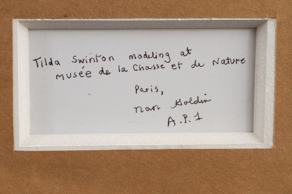Large framed photo by Nan Goldin of Tilda Swinton modeling at Musee de la Chasse et de Nature, Paris. Signed on reverse. Photo is an artist's proof . A.P.1.