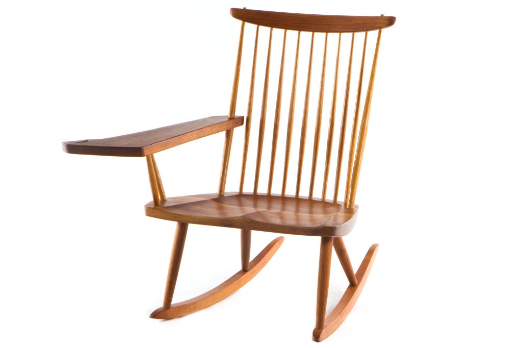 Handsome Nakashima rocker with large expressive free-edge arm. Signed with client's name and 