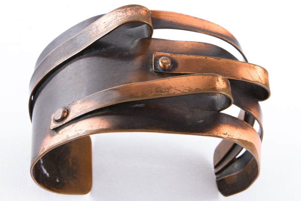 Handmade copper cuff by famed abstract modernist jeweler, Art Smith. Impressed signature to reverse.