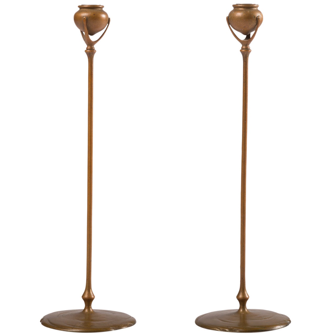 Pair of Gilt Bronze Tiffany "Puddlestick" Candlesticks