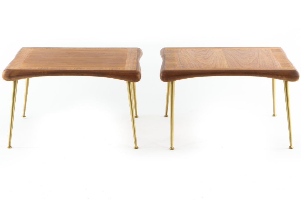Pair of  mahogany and brass legged side tables from TH Robsjohn-Gibbings and manufactured by Widdicomb.