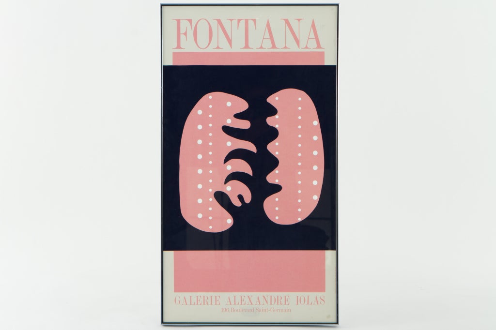 Lucio Fontana Gallery show seriograph from Galerie Alexandre Iolas exhibition in 1966. Poster with pierced holes in pink forms reminiscent of Fontana's 