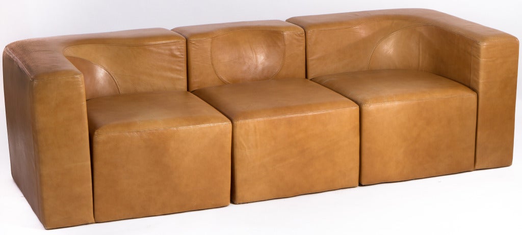 Flexible designed leather sofa by Guido Faleschini for Mariani imported Pace by Collections. Separate seating units can be arranged in multiple configurations.Labels to bottom