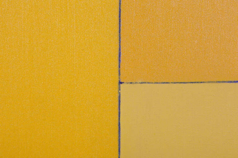 Nice hard- edged oil on canvas painting by Ludwig Sander in various shades of yellow. Labels from the Kootz Gallery.Painting was also exhibited at the Corcoran Gallery 30th Biennial in 1967.