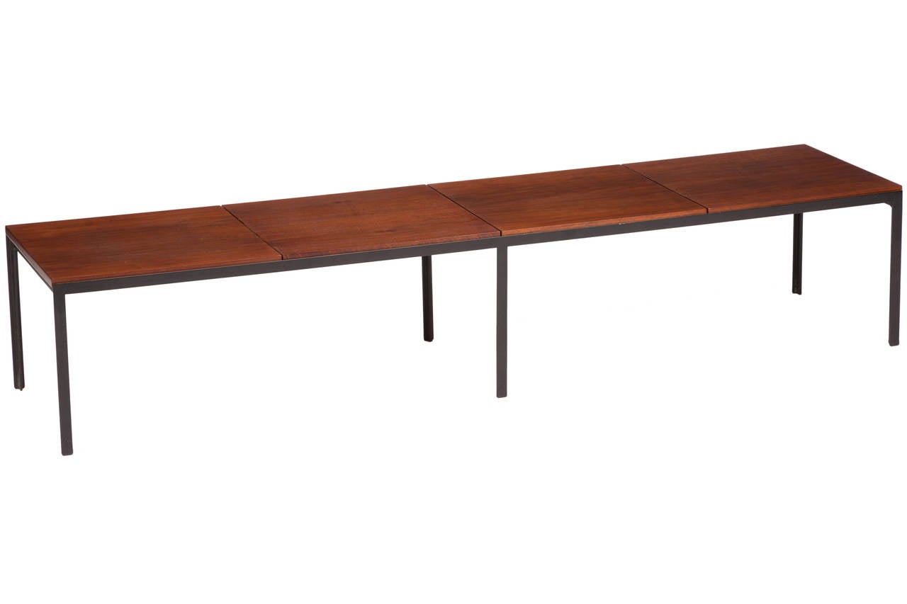 Large Knoll angle iron and walnut table or bench with segmented walnut top.  Refinished.