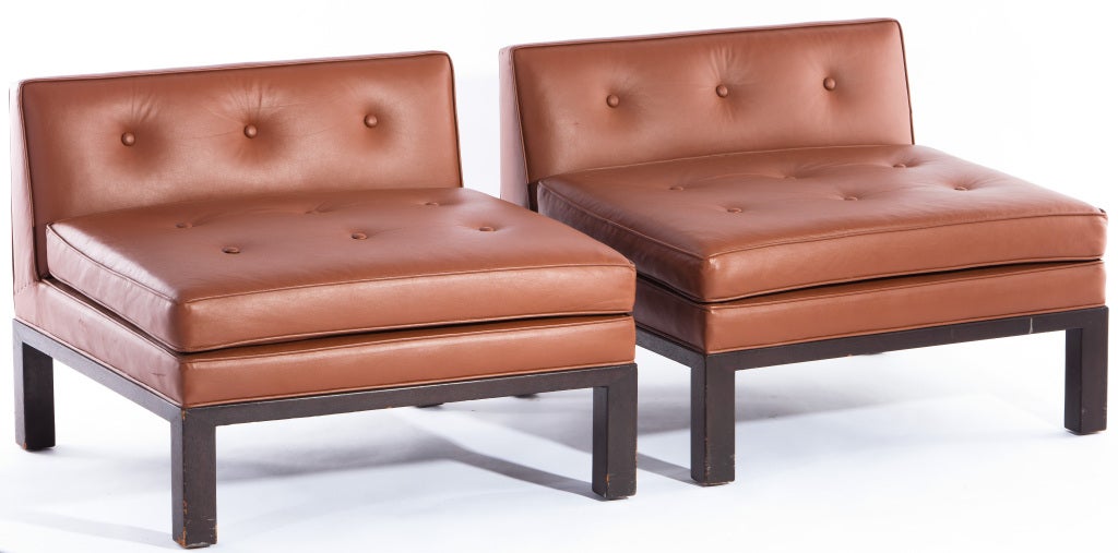 Custom pair of low leather chairs designed by Edward Wormley for an interior designed by Wormley and Associates for a Connecticut home in 1957.